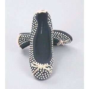 Stuart Weitzman Fannie Tara Flat, Size Girl US 2, Black/Multi Studs Formal Shoes